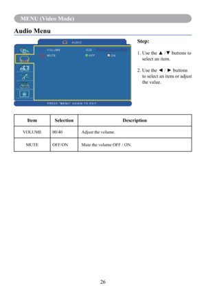 Page 2826
MENU (Video Mode)
Audio Menu
Step:
1.   Use the ▲ /▼ buttons to 
select an item.
2.   Use the ◄ / ► buttons 
to select an item or adjust 
the value.
Item Selection Description
VOLUME 00/40 Adjust the volume.
MUTE OFF/ON Mute the volume OFF / ON. 