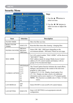 Page 3634
MENU
Security Menu
Step:
1.   Use the ▲ /▼buttons to 
select an item.
2.   Use the ◄ / ► buttons to 
select an item or adjust the 
value.
Item Selection Description
FILTER TIMER Show the ﬁlter use time.
RESET FILTER
TIMEREXECUTE Reset the ﬁlter timer after cleaning / changing ﬁlter.
FILTER COUNTER500 hours
800 hours
1000 hoursSelect (500 / 800 / 1000 hours) depending on the 
environment.(default : 500 hours). Please see next page.
MAC ADDR.For LAN control module, "MAC ADDR." will be shown in...