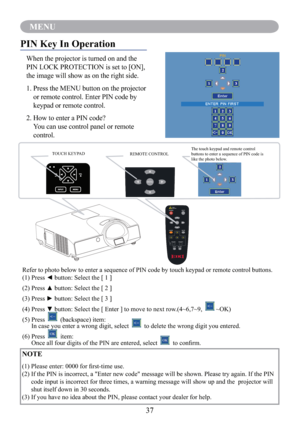 Page 3937
MENU
PIN Key In Operation
When the projector is turned on and the 
PIN LOCK PROTECTION is set to [ON], 
the image will show as on the right side.
1.  Press the MENU button on the projector 
or remote control. Enter PIN code by 
keypad or remote control.
2.   How to enter a PIN code? 
You can use control panel or remote 
control.
(1) Press ◄ button: Select the [ 1 ]
(2) Press ▲ button: Select the [ 2 ]
(3) Press ► button: Select the [ 3 ]
(4) Press ▼ button: Select the [ Enter ] to move to next...