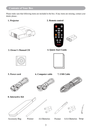 Page 5Contents of Your Box
Safety InstructionsContents of Your Box
AAA Batteries
Please make sure that following items are included in the box. If any items are missing, contact your 
dealer please..
3
1. Projector2. Remote control
6. Computer cable 5. Power cord
4.  Quick Start Guide
3.  Owner’s Manual CD
7. USB Cable
8. Interactive Kit
Accessory Bag Pointer AA Batteries
PointerStrap 