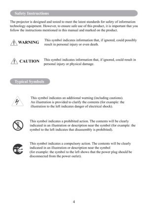 Page 64
Safety Instructions
The projector is designed and tested to meet the latest standards for safety of information 
technology equipment. However, to ensure safe use of this product, it is important that you 
follow the instructions mentioned in this manual and marked on the product.
This symbol indicates information that, if ignored, could possibly 
result in personal injury or even death.
WARNING
This symbol indicates information that, if ignored, could result in 
personal injury or physical damage....