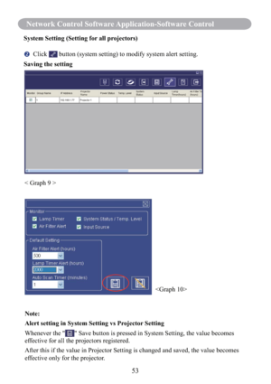 Page 5553
Network Control Software Application-Software Control
System Setting (Setting for all projectors)
 Click  button (system setting) to modify system alert setting.
Saving the setting
 
< Graph 9 >
Note: 
Alert setting in System Setting vs Projector Setting
Whenever the "
" Save button is pressed in System Setting, the value becomes 
effective for all the projectors registered.
After this if the value in Projector Setting is changed and saved, the value becomes 
effective only for the projector. 