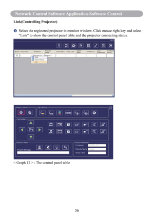 Page 5856
Network Control Software Application-Software Control
Link(Controlling Projector)
   Select the registered projector in monitor window. Click mouse right key and select 
"Link" to show the control panel table and the projector connecting status.
< Graph 12 > : The control panel table 