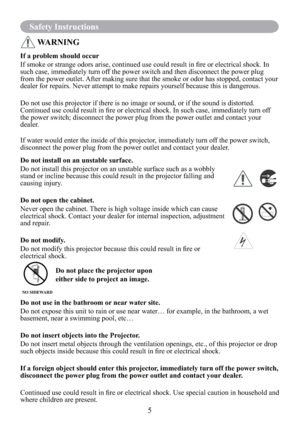 Page 75
Safety Instructions
WARNING
If a problem should occur
If smoke or strange odors arise, continued use could result in ﬁre or electrical shock. In 
such case, immediately turn off the power switch and then disconnect the power plug 
from the power outlet. After making sure that the smoke or odor has stopped, contact your 
dealer for repairs. Never attempt to make repairs yourself because this is dangerous.  
Do not use this projector if there is no image or sound, or if the sound is distorted. 
Continued...