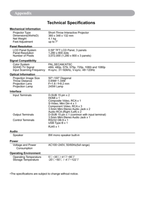 Page 70Appendix
Technical Speciﬁcations
•The speciﬁcations are subject to change without notice. Mechanical Information
Projector Type Short-Throw Interactive Projector
Dimensions(WxHxD)
360 x 348 x 132 mm
Net Weight 4.1 kg
Feet Adjustment up to 7°
Panel Resolution
LCD Panel System 0.59" TFT LCD Panel, 3 panels
Panel Resolution 1,280 x 800 dots
Number of Pixels 3,072,000 (1,280 x 800 x 3 panels)
Signal Compatibility
Color System PAL,SECAM,NTSC
SD/HD TV Signal 480i, 480p, 575i, 575p, 720p, 1080i and 1080p...