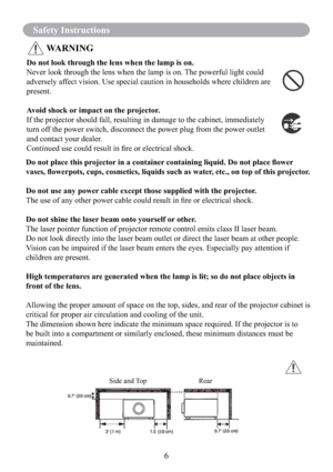 Page 86
Safety Instructions
Do not look through the lens when the lamp is on.
Never look through the lens when the lamp is on. The powerful light could 
adversely affect vision. Use special caution in households where children are 
present.
Avoid shock or impact on the projector.
If the projector should fall, resulting in damage to the cabinet, immediately 
turn off the power switch, disconnect the power plug from the power outlet 
and contact your dealer.
Continued use could result in ﬁre or electrical...