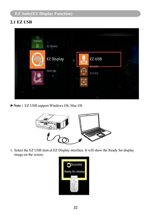 Page 3432
MENU (PC Mode)
32
EZ Suite(EZ Display Function)
2.1 EZ USB
►Note :  EZ USB support Windows OS, Mac OS
1.   Select the EZ USB item at EZ Display interface. It will show the Ready f\
or display 
image on the screen. 