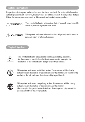 Page 64
Safety Instructions
The projector is designed and tested to meet the latest standards for sa\
fety of information 
technology equipment. However, to ensure safe use of this product, it is important that you 
follow the instructions mentioned in this manual and marked on the produ\
ct.
This symbol indicates information that, if ignored, could possibly 
result in personal injury or even death.WARNING
This symbol indicates information that, if ignored, could result in 
personal injury or physical damage....