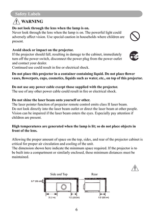 Page 86
Safety Labels
Do not look through the lens when the lamp is on.
Never look through the lens when the lamp is on. The powerful light could 
adversely affect vision. Use special caution in households where children are 
present.
Avoid shock or impact on the projector.
If the projector should fall, resulting in damage to the cabinet, immedi\
ately 
turn off the power switch, disconnect the power plug from the power outlet 
and contact your dealer.
Continued use could result in fire or electrical shock.
Do...