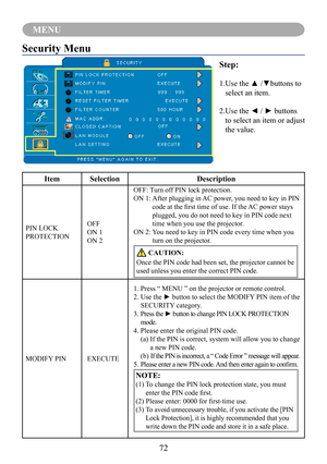 Page 7472
MENU
Security Menu
Step:
1. Use the ▲ /▼buttons to 
select an item.
2. Use the ◄ / ► buttons 
to select an item or adjust 
the value.
ItemSelectionDescription
PIN LOCK 
PROTECTION
OFF
ON 1
ON 2
OFF: Turn off PIN lock protection.
ON 1:   
After plugging in AC power, you need to key in PIN 
code at the first time of use. If the AC power stays 
plugged, you do not need to key in PIN code next 
time when you use the projector.
ON 2:   
You need to key in PIN code every time when you 
turn on the...