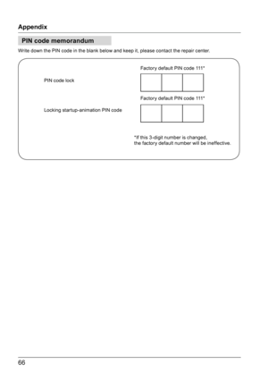 Page 6666
PIN code memorandum
Appendix
Write down the PIN code in the blank below and keep it, please contact the repair center.
PIN code lock
Locking startup-animation PIN code Factory default PIN code 111*
Factory default PIN code 111*
*If this 3 -digit number is changed,
the factory default number will be ineffective.  