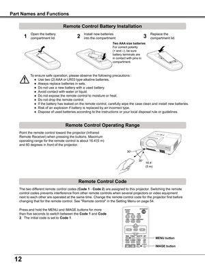 Page 12
12

Part Names and Functions
To	ensure	safe	operation,	please	observe	the	following	precautions	:
 ●	 Use	two	(2)	AAA	or	LR03	type	alkaline	batteries.
 ●	 Always	replace	batteries	in	sets.
 ●	 Do	not	use	a	new	battery	with	a	used	battery.
 ●	 Avoid	contact	with	water	or	liquid.
 ●	 Do	not	expose	the	remote	control	to	moisture	or	heat.
 ●	 Do	not	drop	the	remote	control.
 ●	 If	the	battery	has	leaked	on	the	remote	control,	carefully	wipe	the	case	clean	and	install	new	batteries.
 ●	 Risk	of	an	explosion...