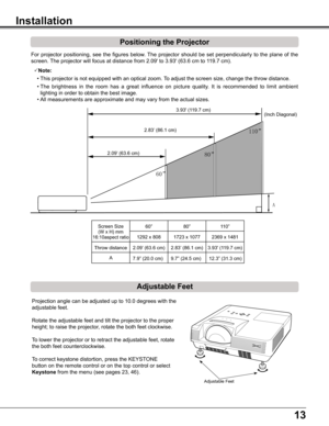 Page 13
1

Positioning the Projector
For	projector	 positioning,	 see	the	figures	 below.	The	projector	 should	be	set	 perpendicularly	 to	the	 plane	 of	the	
screen.	 The	projector	will	focus	at	distance	from	2.09'	to	3.93'	(63.6	cm	to	119.7	cm).
Installation
Note:
  • This	projector	is	not	equipped	with	an	optical	zoom.	 To	adjust	the	screen	size,	change	the	throw	distance.
	 •	The	brightness 	in 	the 	room 	has 	a 	great 	influence 	on 	picture 	quality. 	It 	is 	recommended 	to 	limit...