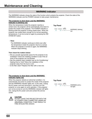 Page 60
60

The	WARNING	indicator	shows	the	state	of	the	function	which	protects	the	projector.	Check	the	state	of	the	
WARNING	indicator	and	the	POWER	indicator	to	take	proper	maintenance.	
WARNING indicator
The projector is shut down and the WARNING 
indicator is blinking red .
When	the	temperature	inside	the	projector	reaches	a	
certain	level,	the	projector	will	be	automatically	shut	down	to	
protect	the	inside	of	the	projector.	The	POWER	indicator	is	
blinking	while	the	projector	is	being	cooled	down.	When...