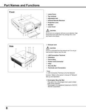 Page 8
8

Part Names and Functions
①  Lamp Cover
②  Top controls 
③  Adjustable feet
④  Infrared Remote Receiver
⑤  Projection Lens
⑥  Speaker
⑦  Lens Cover
⑧  Exhaust vent
⑨  LAN Connection Terminal
⑩  Indicators
⑪ Focus Ring
⑫  Power Cord Connector
⑬  Filter
⑭  Security Bar
⑮  Terminals and Connectors
Note:
⑨	LAN	Connection	 Terminal	is	for	the	Network	
function.	Refer	to	the	owner’s	manual	of	“Network	
Set-up	and	Operation”	.
 Kensington Security Slot
This	slot	is	for	a	Kensington	lock	used	to	deter...