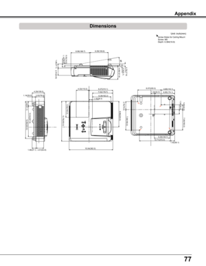 Page 77
77

Dimensions
Appendix
6.56(166.7)6.29(159.8)
0.70(17.9)0.34(8.7)
0.55(14.0)1.14(29.0)
1.46(37.1)
2.51(63.8)
4.29(109.0)
3.02(76.8)1.14(29.0)
1.62(41.1)
10.54(267.8)
12.80(325.0)
1.46(37.1)2.51(63.8)
4.33(110.0)8.27(210.1)7.03(178.7)
6.39(162.2)1.15(29.3)
8.86(225.0)
15.04(382.0)
8.07(205.0)4.65(118.1)1.34(34.0)6.85(174.1)
2.76(70.0)
7.09(180.0)
1.42(36.1)
5.30(134.7)10.71(272.0)
1.65(42.0)
7.09(180.0)
1.54(39.0)
5.52(140.3)
13.78(350.0)
4.08(121.9)
Unit:	inch(mm)
Screw	Holes	for	Ceiling	MountScrew:...