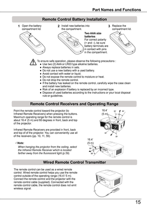 Page 15123Open the battery compartment lid.Install new batteries into the compartment.Replace the compartment lid.
Two AAA size batteriesFor correct polarity (+ and –), be sure battery terminals are in contact with pins in the compartment.
To ensure safe operation, please observe the following precautions : ● Use two (2) AAA or LR03 type alkaline batteries. ● Always replace batteries in sets. ● Do not use a new battery with a used battery. ● Avoid contact with water or liquid. ● Do not expose the remote control...