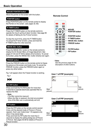 Page 30Press the FREEZE button on the remote control to freeze the picture on the screen and Audio mute. To cancel the FREEZE function, press the FREEZE button again or press any other button.
Fig.1 will appear when the Freeze function is working.
FREEZE button
FILTER button
Press and hold the FILTER button for more than 5 seconds to operate electrically operated filter to replace the filter.
Remote Control
POINTER button
FILTER button
Note:See	the	previous	page	for	the	description	of	other	buttons....