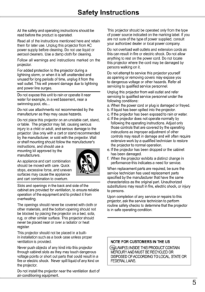 Page 5All the safety and operating instructions should be read before the product is operated.
Read all of the instructions mentioned here and retain them for later use. Unplug this projector from AC power supply before cleaning. Do not use liquid or aerosol cleaners. Use a damp cloth for cleaning.
Follow  all  warnings  and  instructions  marked  on  the projector.
For added protection to the projector during a lightning storm, or when it is left unattended and unused for long periods of time, unplug it from...