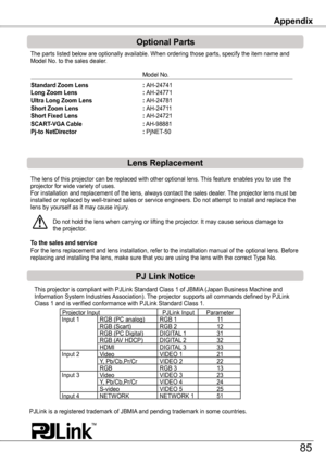 Page 85The lens of this projector can be replaced with other optional lens. This feature enables you to use the projector for wide variety of uses.For installation and replacement of the lens, always contact the sales d\
ealer. The projector lens must be installed or replaced by well-trained sales or service engineers. Do not\
 attempt to install and replace the lens by yourself as it may cause injury.
Do not hold the lens when carrying or lifting the projector. It may cause serious damage to the projector....