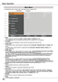 Page 26Basic Operation
For detailed functions of each menu, see “Menu Tree” on pages 76-78.








Main MenuSub-Menu


 Image select For computer source, used to select an image level among Dynamic, Standard, Real, and Image 1-10 (p.40).  For Video source, used to select an image level among Dynamic, Standard, Natural, Cinema, and Image 1-10 (p.46). Image adjust For computer source, used to adjust the computer image. [Contrast/Brightness/Iris/Color temp ./White balance...