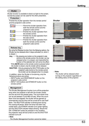 Page 63Setting
Shutter
Note:
	 		
The	shutter	will	be	released	when	turning	on	the	projector	regardless	of	the	setting	status	of	the	projector.
Shutter function is available to block out light to the screen, so that the screen can be used for the other presenters.
Prohibit the shutter operation from the remote control and the projector's side control.
…………… Permit the shutter operation from both the remote control and the projector's side control.…………… 
Prohibit the shutter operation from the remote...