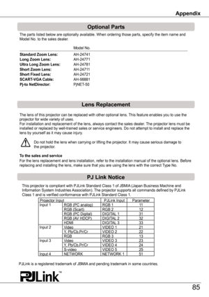 Page 85The lens of this projector can be replaced with other optional lens. This feature enables you to use the projector for wide variety of uses.For installation and replacement of the lens, always contact the sales d\
ealer. The projector lens must be installed or replaced by well-trained sales or service engineers. Do not\
 attempt to install and replace the lens by yourself as it may cause injury.
Do not hold the lens when carrying or lifting the projector. It may cause serious damage to the projector....