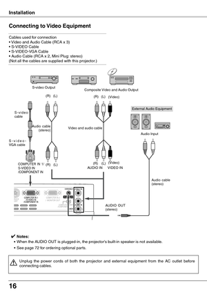 Page 16
16

Installation
Connecting to Video Equipment
Cables used for connection• Video and Audio Cable (RCA x 3) • S-VIDEO Cable  • S-VIDEO-VGA Cable• Audio Cable (RCA x 2, Mini Plug: stereo)  (Not all the cables are supplied with this projector.)
Unplug  the  power  cords  of  both  the  projector  and  external  equipment  from  the  AC  outlet  before connecting cables. 
External Audio Equipment
Audio  cable   (stereo)
VIDEO INCOMPUTER  IN  1/ S-VIDEO IN/COMPONENT IN 
S - v i d e o cable  
Video and audio...