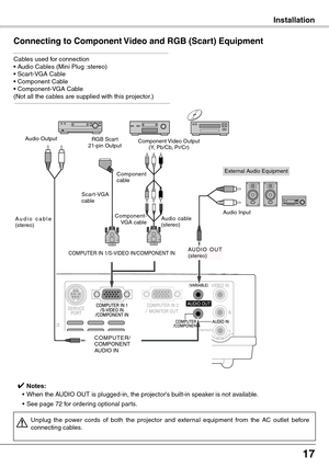 Page 17
17

Installation
Connecting to Component Video and RGB (Scart) Equipment
Cables used for connection • Audio Cables (Mini Plug :stereo)  • Scart-VGA Cable  • Component Cable  • Component-VGA Cable  (Not all the cables are supplied with this projector.)
External Audio Equipment
COMPUTER IN 1/S-VIDEO IN/COMPONENT IN   
C O M P U T E R / COMPONENTAUDIO IN
Audio  cable   (stereo)A u d i o   c a b l e  (stereo)
Audio Input
Component Video Output(Y, Pb/Cb, Pr/Cr)
RGB Scart 21-pin OutputAudio Output
Scar t-VGA...