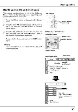 Page 21
21

Basic Operation
How to Operate the On-Screen Menu
The  projector  can  be  adjusted  or  set  via  the  On-Screen M e nu .    R e fe r  t o  t h e  fo l l ow i n g  p a g e s  r e g a r d i n g  e a c h adjustment and setting procedures.
Press  the  Point 7  8  buttons  to  select  a  Menu  icon  to adjust  and  press  the  Point ed  buttons  to  select  an item to adjust.
Press  the  SELECT  button  to  show  the  item  data.    To adjust  the  data,  press  the  Point 7 8  buttons.    Refer  to...