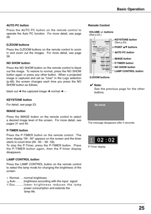 Page 25
25

Basic Operation
black out ➜ the captured image ➜ normal ➜ • • • • •
Press the NO SHOW button on the remote control to black out the image.  To restore to normal, press the NO SHOW button  again  or  press  any  other  button.   When  a  projected image  is  captured  and  set  as  "User"  in  the  Logo  selection (p.48),  the  screen  changes  each  time  you  press  the  NO SHOW button as follows.
NO SHOW button
P r e s s  t h e  AU TO  P C  bu t t o n  o n  t h e  r e m o t e  c o n t r o...