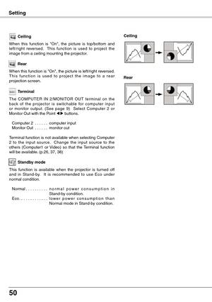 Page 50
50

Setting
Ceiling
When  this  function  is  "On",  the  picture  is  top/bottom  and left/right  reversed.    This  function  is  used  to  project  the image from a ceiling mounting the projector.
Rear
When this function is "On", the picture is left/right reversed.  T h i s  f u n c t i o n  i s  u s e d  t o  p r o j e c t  t h e  i m a g e  t o  a  r e a r projection screen.
Ceiling 
Rear 
Terminal
The  COMPUTER  IN  2/MONITOR  OUT  ter minal  on  the back  of  the  projector  is...