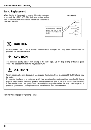 Page 60
60

Maintenance and Cleaning
When the life of the projection lamp of this projector draws to  an  end,  the  LAMP  REPLACE  indicator  emits  a  yellow light.  If this indicator lights yellow, replace the lamp with a new one promptly.
Lamp Replacement
Top Control
T h i s  i n d i c a t o r  i s  ye l l ow w h e n   t h e   l i f e   o f   t h e projection  lamp  draws  to an end.
For  continued  safety,  replace  with  a  lamp  of  the  same  type.    Do  not  drop  a  lamp  or  touch  a  glass bulb!...