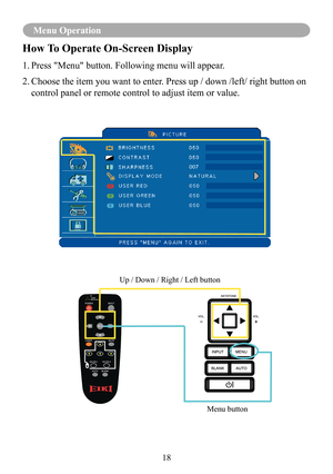 Page 2118
Menu Operation
How To Operate On-Screen Display
1.  Press "Menu" button. Following menu will appear.
2.  Choose the item you want to enter. Press up / down /left/ right button on 
control panel or remote control to adjust item or value.
Up / Down / Right / Left button
Menu button
007 