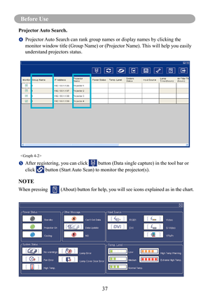 Page 4037
Before Use 
Projector Auto Search.
		Projector Auto Search can rank group names or display names by clicking the 
monitor window title (Group Name) or (Projector Name). This will help you easily  
understand projectors status.
		After registering, you can click  button (Data single capture) in the tool bar or 
click  button (Start Auto Scan) to monitor the projector(s).
NOTE
When pressing   (About) button for help, you will see icons explained as in the chart\
.
 