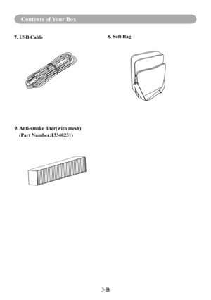 Page 6Safety InstructionsContents of Your Box
8. Soft Bag
3-B
7. USB Cable
  9. Anti-smoke filter(with mesh)
(Part Number:13340231) 