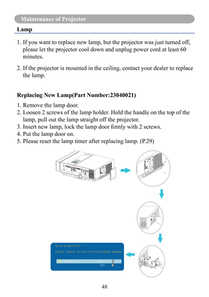 Page 5148
Maintenance of Projector
Lamp
1.  If you want to replace new lamp, but the projector was just turned off, 
please let the projector cool down and unplug power cord at least 60 
minutes.
2.  If the projector is mounted in the ceiling, contact your dealer to repla\
ce 
the lamp.
Replacing New Lamp(Part Number:23040021)
1. Remove the lamp door.
2.  Loosen 2 screws of the lamp holder. Hold the handle on the top of the 
lamp, pull out the lamp straight off the projector.
3.	Insert	new	lamp,	lock	the	lamp...