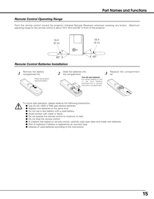 Page 1515
Part Names and Functions
To insure safe operation, please observe the following precautions :
Use (2) AA, UM3 or R06 type alkaline batteries.
Replace two batteries at the same time.
Do not use a new battery with a used battery.
Avoid contact with water or liquid.
Do not expose the remote control to moisture, or heat.
Do not drop the remote control.
If a battery has leaked on remote control, carefully wipe case clean and install new batteries.
Risk of explosion if battery is replaced by an...