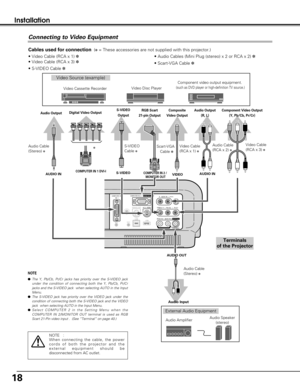 Page 1818
Installation
Connecting to Video Equipment
S - VIDEO
USB
USB COMPUTER  IN  2  /
SERVICE PORT COMPUTER  IN  1 
DVI - I
MCI R  -  AUDIO  IN  -  L
AUDIO  IN  1 AUDIO  IN  2
(MONO)
VIDEO / Y – Pb/Cb  –  Pr/Cr
MONITOR  OUT
AUDIO OUTRESET
(VARIABLE)
Video Source (example)
Video Cassette RecorderVideo Disc Player
S-VIDEO
Cable 
✽
Audio AmplifierAudio Speaker 
(stereo) Audio Cable 
(Stereo) 
✽
Terminals 
of the Projector
S-VIDEO
Output
Audio Input
• Video Cable (RCA x 1) ✽
• Video Cable (RCA x 3) ✽
• S-VIDEO...