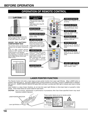 Page 1414
BEFORE OPERATION
FOCUS BUTTON
Used to adjust focus. (P20)
AUTO PC ADJ. BUTTON
Use to operate AUTO PC
Adjustment function. (P25)
KEYSTONE BUTTON
Used to correct keystone
distortion. (P20, 36)
IMAGE BUTTON
Used to select image
level. (P28, 33)
  LOCK
FREEZE
SELECT D.ZOOM
MUTE
VOLUME-
MENU
NO SHOW
IMAGE
VOLUME+
KEYSTONE
LASER
P-TIMER
ZOOM
COMPUTER 1COMPUTER 1
COMPUTER 2COMPUTER 2
VIDEO
FOCUS
LENS
AUTO PCON-OFF
OPERATION OF REMOTE CONTROL
ONALL OFF
ALL-OFF SWITCH
Left Side
When using Remote Control Unit,...