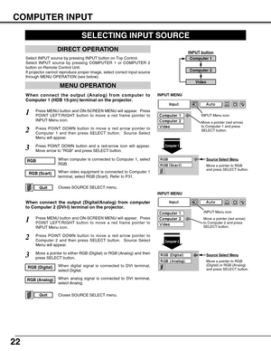 Page 2222
COMPUTER INPUT
SELECTING INPUT SOURCE
MENU OPERATION
DIRECT OPERATION
Select INPUT source by pressing INPUT button on Top Control.
Select INPUT source by pressing COMPUTER 1 or COMPUTER 2
button on Remote Control Unit.
If projector cannot reproduce proper image, select correct input source
through MENU OPERATION (see below).
Press MENU button and ON-SCREEN MENU will appear.  Press
POINT LEFT/RIGHT button to move a red frame pointer to
INPUT Menu icon.
Press POINT DOWN button to move a red arrow...