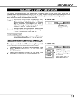 Page 2323
COMPUTER INPUT
SELECTING COMPUTER SYSTEM
This projector automatically tunes to most different types of computers based on VGA, SVGA, XGA or SXGA (refer to
“COMPATIBLE COMPUTER SPECIFICATIONS” on page 24).  When selecting Computer, this projector automatically tunes
to incoming signal and projects proper image without any special setting.  (Some computers need setting manually.)
Note : Projector may display one of the following messages.
When projector cannot recognize connected signal as PC
system...