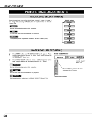 Page 2828
COMPUTER INPUT
PICTURE IMAGE ADJUSTMENTS
IMAGE LEVEL SELECT (MENU)
Press MENU button and ON-SCREEN MENU will appear.  Press
POINT LEFT/RIGHT button to move a red frame pointer to
IMAGE SELECT Menu icon.1
2Press POINT DOWN button to move a red frame pointer to the
level that you want to set and then press SELECT button.
Move a red frame pointer to the level
and press SELECT button.
The level being selected.
IMAGE SELECT MENU
Normal picture level preset on this projector.
Standard
Picture level with...