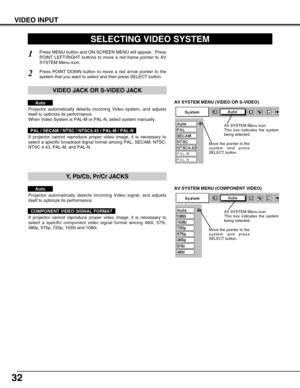 Page 3232
VIDEO INPUT
AV SYSTEM MENU (VIDEO OR S-VIDEO)
AV SYSTEM MENU (COMPONENT VIDEO)
SELECTING VIDEO SYSTEM
Press MENU button and ON-SCREEN MENU will appear.  Press
POINT LEFT/RIGHT buttons to move a red frame pointer to AV
SYSTEM Menu icon.
Press POINT DOWN button to move a red arrow pointer to the
system that you want to select and then press SELECT button.
1
2
If projector cannot reproduce proper video image, it is necessary to
select a specific broadcast signal format among PAL, SECAM, NTSC,
NTSC 4.43,...