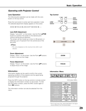 Page 2929
Basic Operation
The following lens operation can be made with the Lens
button on the top control. 
Press the Lens button to enter each lens operation mode.
The selected adjustment display appears on the screen.ZOOM  ➜FOCUS  ➜LENS SHIFT  ➜ ZOOM  ➜ 
• • • • •
Operating with Projector Control
Display “Lens shift” on the screen. Use the Point ed7 8
buttons to position the screen to the desired point
without having picture distortion. 
The screen can be moved up or down to 50 percent, or
sideways up to 15...