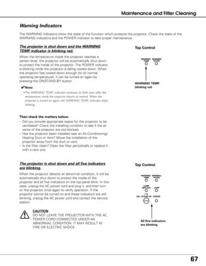 Page 6767
The WARNING indicators show the state of the function which protects the\
 projector. Check the state of the
WARNING indicators and the POWER indicator to take proper maintenance. 
Wa rn ing Indicators
The projector is shut down and the WARNING
TEMP. indicator is blinking red.
When the temperature inside the projector reaches a
certain level, the projector will be automatically shut down
to protect the inside of the projector. The POWER indicator
is blinking while the projector is being cooled down....