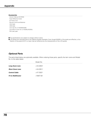 Page 7878
Appendix
Model No.
Long Zoom Lens : AH-23541
Short Zoom Lens : AH-23511
Control Cable :AT-72021
PJ-to NetDirector  :PjNET-30
The parts listed below are optionally available. When ordering those par\
ts, specify the item name and Model
No. to the sales dealer.
Optional Parts
Accessories
Owner’s Manual (CD-ROM)
Quick Reference Guide
AC Power Cord
Remote Control and Batteries
VGA Cable
USB Cable
Lens Cap (for LC-XG300/XG250)
Lens Mount Cover (for LC-XG300L/XG250L)
PIN Code Label
● The specifications are...