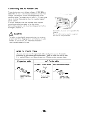 Page 16- 16 -
This projector uses nominal input voltages of 100–120 V or
200–240 V AC and it automatically selects the correct input
voltage. It is designed to work with single-phase power
systems having a grounded neutral conductor. To reduce the
risk of electrical shock, do not plug into any other type of
power system.
If you are not sure of the type of power being supplied,
consult your authorized dealer or service station.
Connect the projector with all peripheral equipment before
turning the projector on....