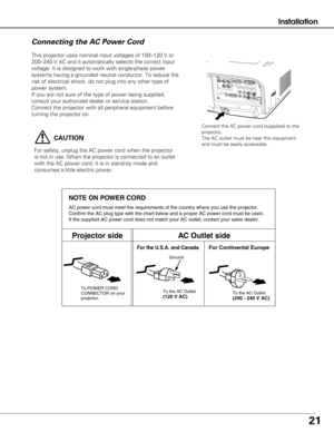 Page 2121
This projector uses nominal input voltages of 100–120 V or
200–240 V AC and it automatically selects the correct input
voltage. It is designed to work with single-phase power
systems having a grounded neutral conductor. To reduce the
risk of electrical shock, do not plug into any other type of
power system.
If you are not sure of the type of power being supplied,
consult your authorized dealer or service station.
Connect the projector with all peripheral equipment before
turning the projector on....