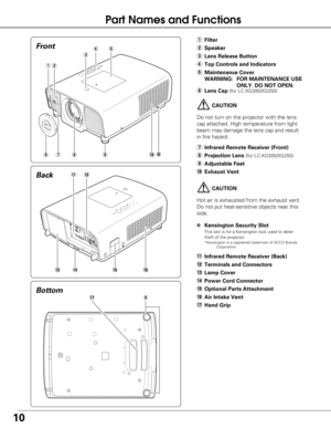 Page 1010
Bottom Back
qFilter
w Speaker
e Lens Release Button
r Top Controls and Indicators
t Maintenance Cover
WARNING: FOR MAINTENANCE USE
ONLY. DO NOT OPEN.
y Lens Cap 
(for LC-XG300/XG250)
!7
!4!6!5
!2
!3
CAUTION
Hot air is exhausted from the exhaust vent.
Do not put heat-sensitive objects near this
side.
u
e
rt
y
Fr ont
! 0o
qw
i✽
o
!1Infrared Remote Receiver (Back)
! 2Terminals and Connectors
! 3Lamp Cover
! 4Power Cord Connector
! 5Optional Parts Attachment
! 6Air Intake Vent
! 7Hand Grip
CAUTION
Do not...